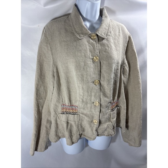 J. Jill Jackets & Blazers - J. Jill Linen Embroidered Blazer Jacket Womens L Beige Smocked Cinched Back Boho